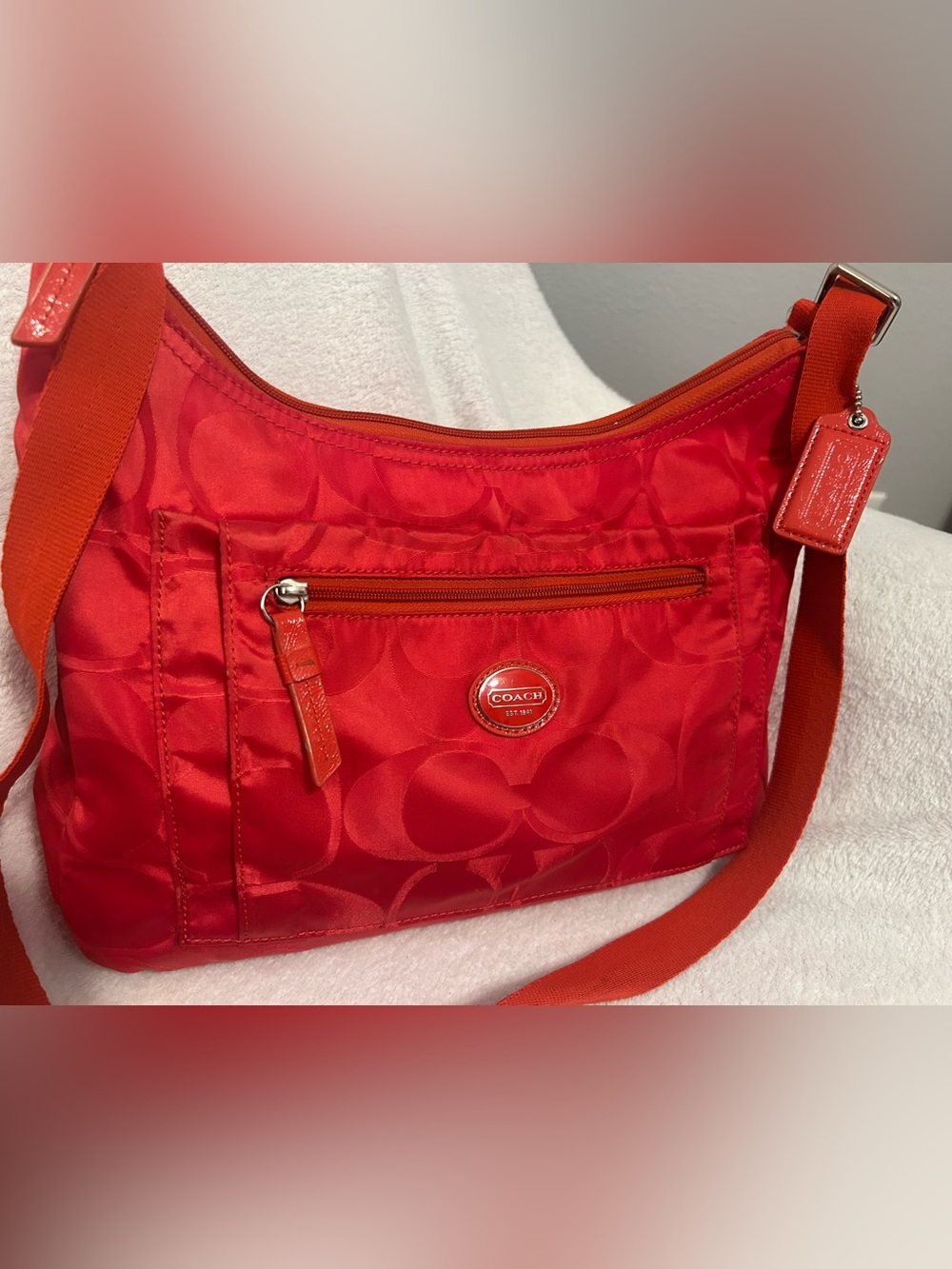 Coach Red Signature Nylon Shoulder Bag with Front Zip Pocket